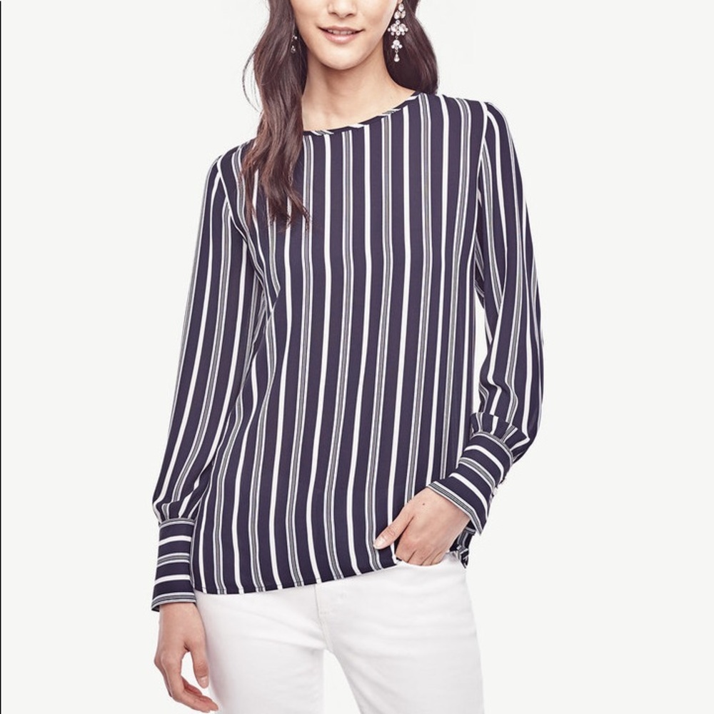 Ann Taylor wide cuff nautical navy striped blouse